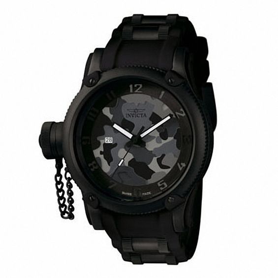 Men's Invicta Russian Diver Black Strap Watch with Black Camouflage Dial (Model: 1199)