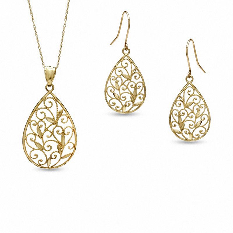 Main Image 1 of Teardrop Heart Lace Pendant and Earring Set in 10K Gold