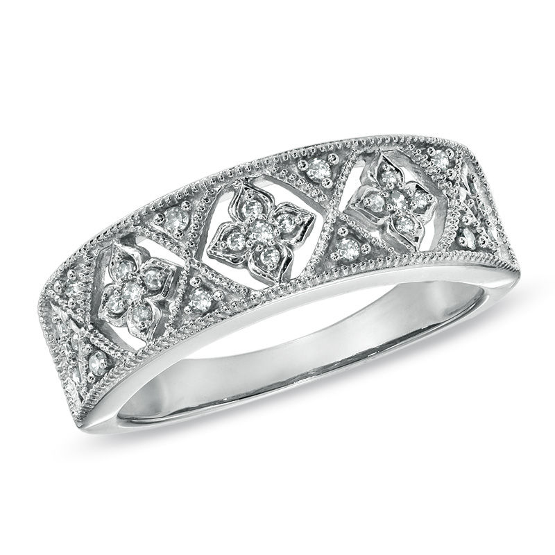 Main Image 1 of 1/6 CT. T.W. Diamond Flower Milgrain Band in 10K White Gold