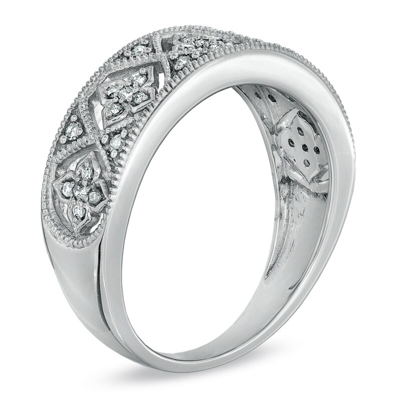 Main Image 2 of 1/6 CT. T.W. Diamond Flower Milgrain Band in 10K White Gold