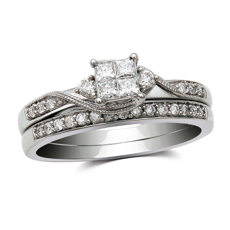 1/3 CT. T.W. Quad Princess-Cut Diamond Bridal Set in 10K White Gold