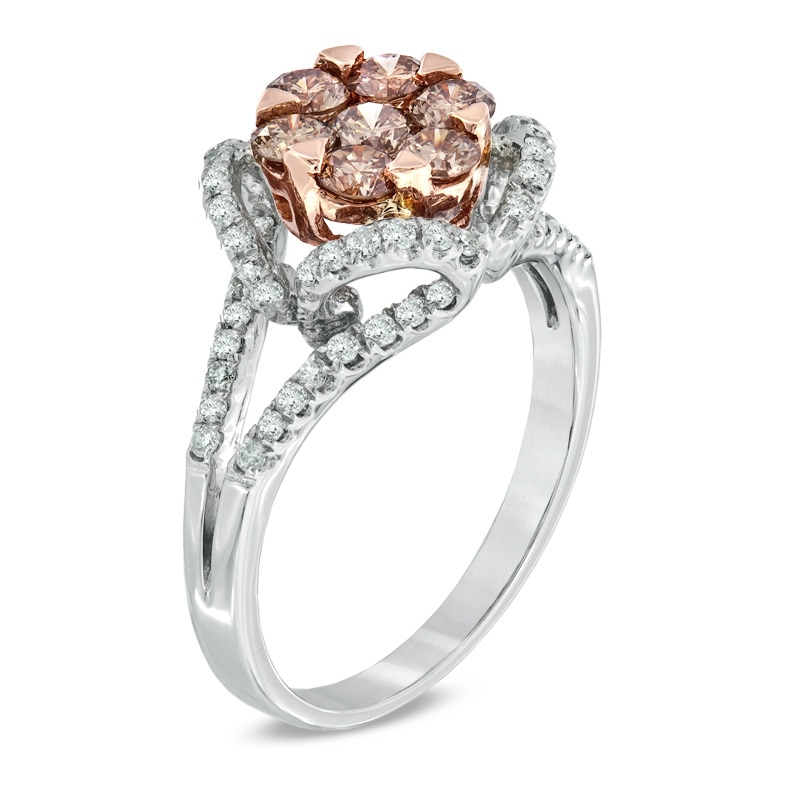 Main Image 2 of 1-1/4 CT. T.W. Champagne and White Diamond Cluster Ring in 14K Two-Tone Gold