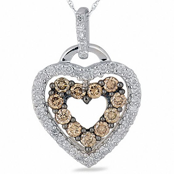 1/2 CT. T.w. Champagne and White Diamond Heart Outline Pendant in 10K White Gold