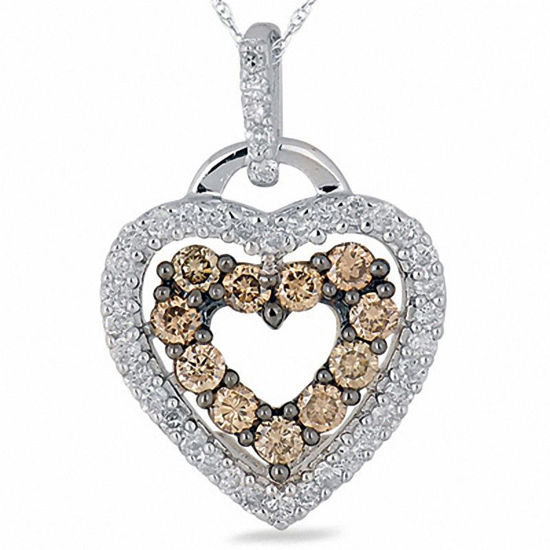 Main Image 1 of 1/2 CT. T.W. Champagne and White Diamond Heart Outline Pendant in 10K White Gold