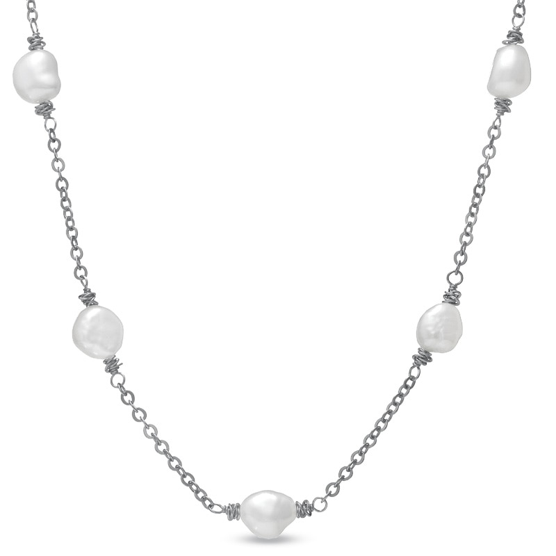 Main Image 1 of Honora 8.0-9.0mm Freshwater Cultured Pearl Station Necklace in Sterling Silver-36"