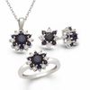 Thumbnail Image 1 of Lab-Created Sapphire and Diamond Accent Flower Pendant, Ring and Earrings Set in Sterling Silver - Size 7
