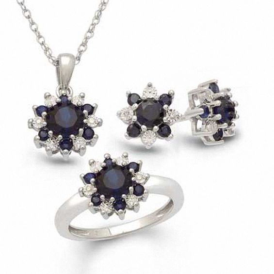 Lab-Created Sapphire and Diamond Accent Flower Pendant, Ring and Earrings Set in Sterling Silver - Size 7