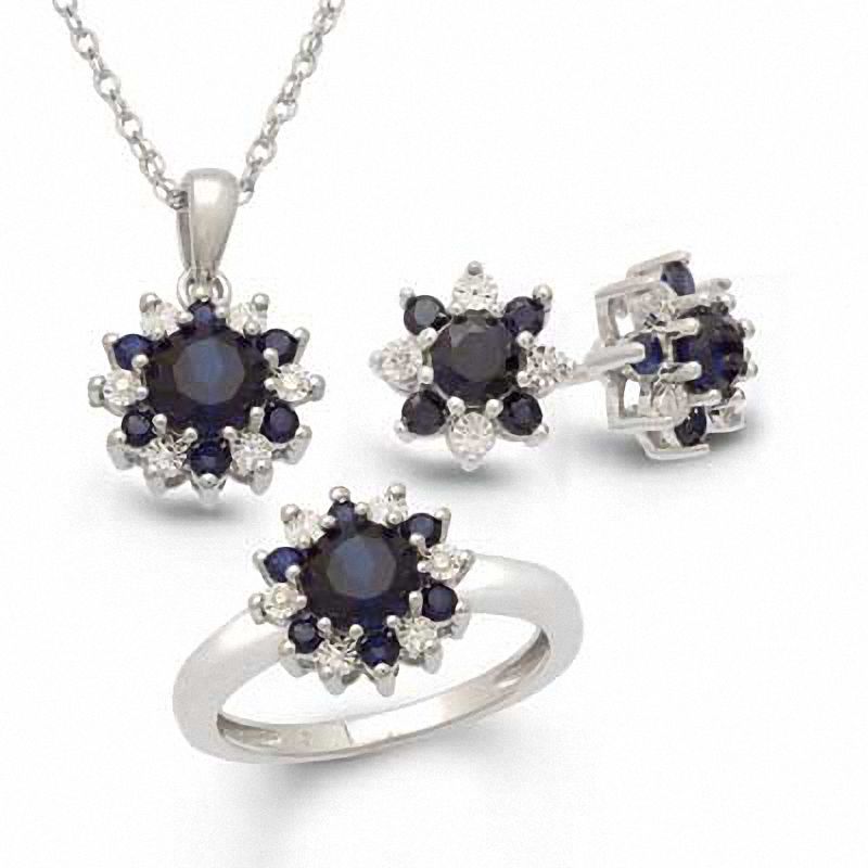 Main Image 1 of Lab-Created Sapphire and Diamond Accent Flower Pendant, Ring and Earrings Set in Sterling Silver - Size 7
