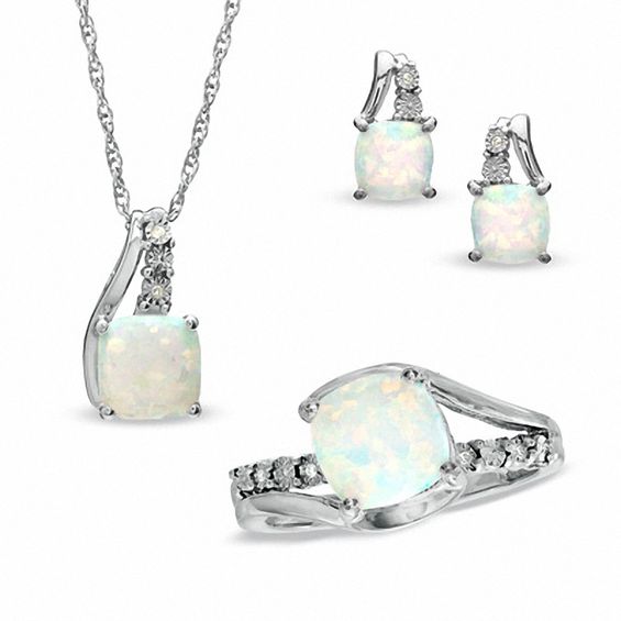 Cushion-Cut Lab-Created Opal and Diamond Accent Three Piece Set in Sterling Silver - Size 7