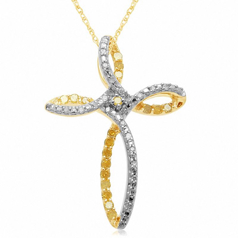 Main Image 1 of 1/4 CT. T.W. Enhanced Yellow and White Diamond Twist Cross Pendant in 10K Gold