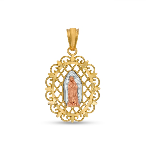 Diamond-Cut and Beaded Ornate Frame Our Lady of Guadalupe Necklace Charm in 10K Two-Tone Gold
