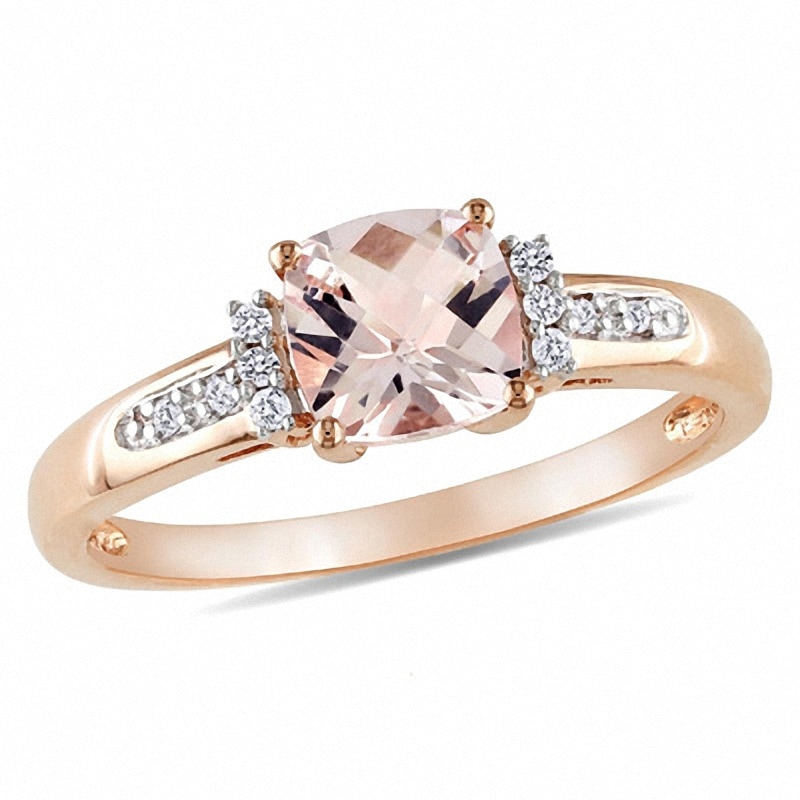 Cushion Peach Pink Morganite Engagement Ring Set 14k Rose Gold