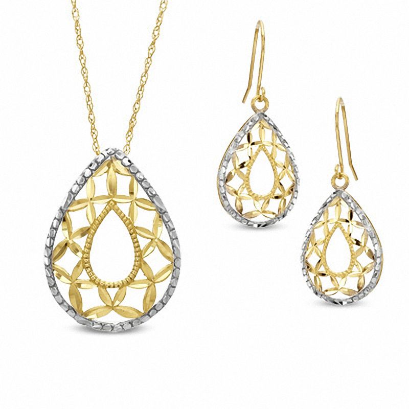 Main Image 1 of Teardrop Scroll Pendant and Earrings Set in 10K Gold