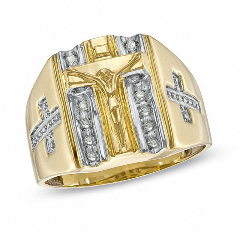 Main Image 1 of Men's 1/10 CT. T.W. Diamond Crucifix Ring in 10K Gold