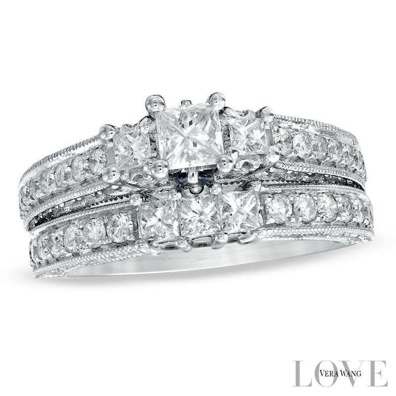 Main Image 1 of Vera Wang Love Collection 2 CT. T.W. Princess-Cut Diamond Three Stone Bridal Set in 14K White Gold