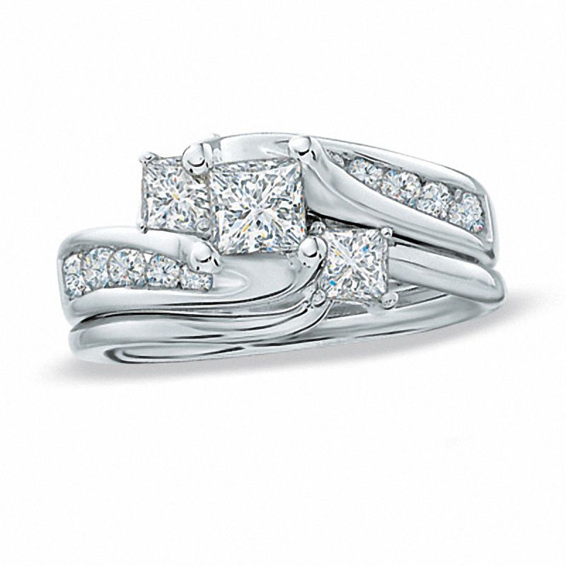 Main Image 1 of 1-1/2 CT. T.W. Princess-Cut Diamond Three Stone Bridal Set in 14K White Gold