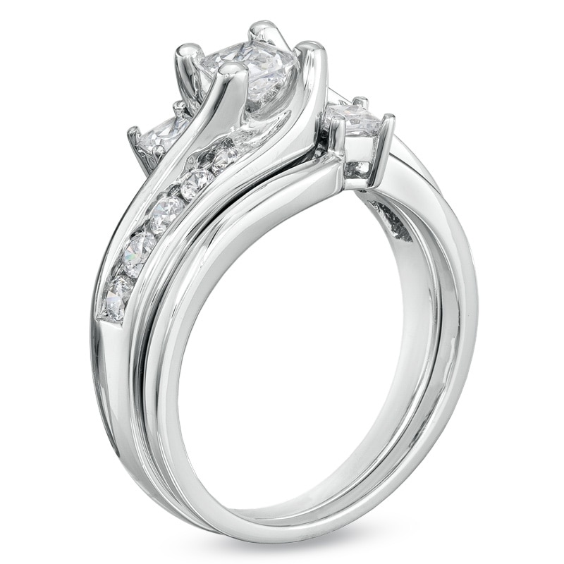 Main Image 2 of 1 CT. T.W. Princess-Cut Diamond Three Stone Bridal Set in 14K White Gold