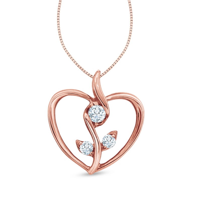 Main Image 1 of Sirena™ 1/8 CT. T.W. Diamond Three Stone Blooming Heart Pendant in 10K Rose Gold