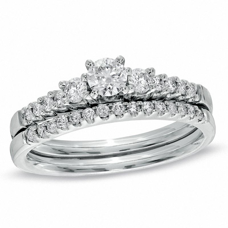 Main Image 1 of 5/8 CT. T.W. Diamond Three Stone Bridal Set in 14K White Gold