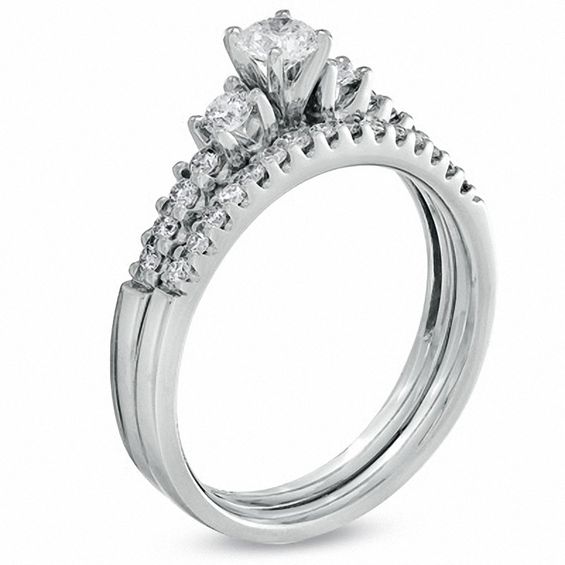 5/8 CT. T.w. Diamond Three Stone Bridal Set in 14K White Gold