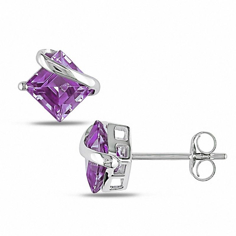 6.0mm Princess-Cut Amethyst Swirl Stud Earrings in 10K White Gold