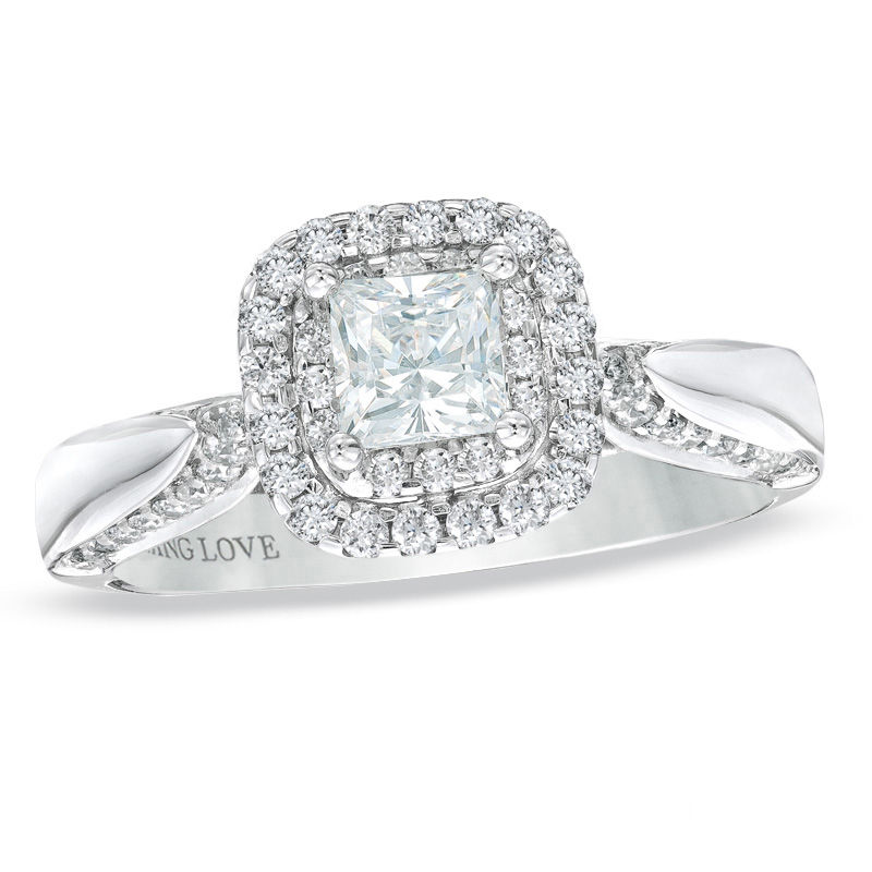 Vera Wang Love Collection 7/8 CT. T.W. Princess-Cut Diamond Double Frame Engagement Ring in 14K White Gold