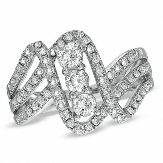 1 CT. T.w. Diamond Three Stone Wave Ring in 14K White Gold