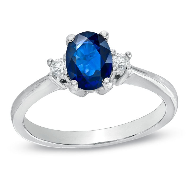 Main Image 1 of Oval Blue Sapphire and Diamond Accent Engagement Ring in 14K White Gold