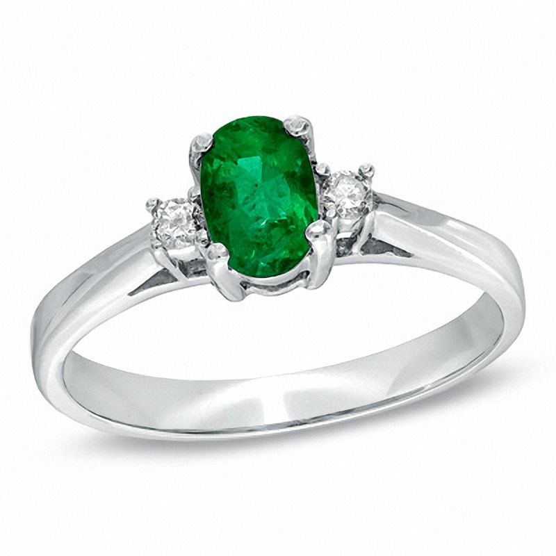 Oval Emerald and Diamond Accent Engagement Ring in 14K White Gold