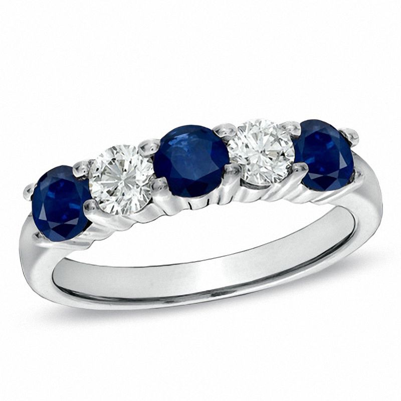 Blue Sapphire and 3/8 CT. T.W. Diamond Five Stone Band in 14K White Gold
