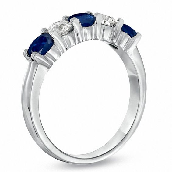 Blue Sapphire and 3/8 CT. T.w. Diamond Five Stone Band in 14K White Gold