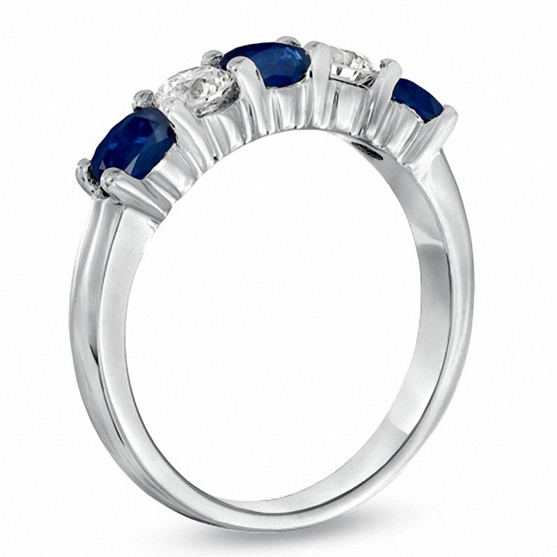 Blue Sapphire and 3/8 CT. T.W. Diamond Five Stone Band in 14K White Gold