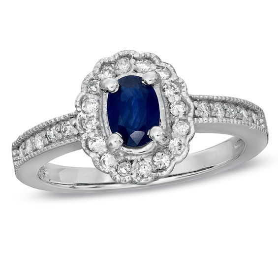 Oval Blue Sapphire and 1/4 CT. T.W. Diamond Scallop Frame Engagement ...