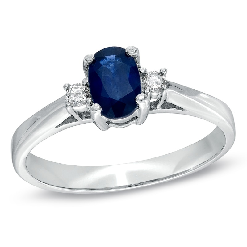 Main Image 1 of Oval Blue Sapphire and Diamond Accent Engagement Ring in 14K White Gold