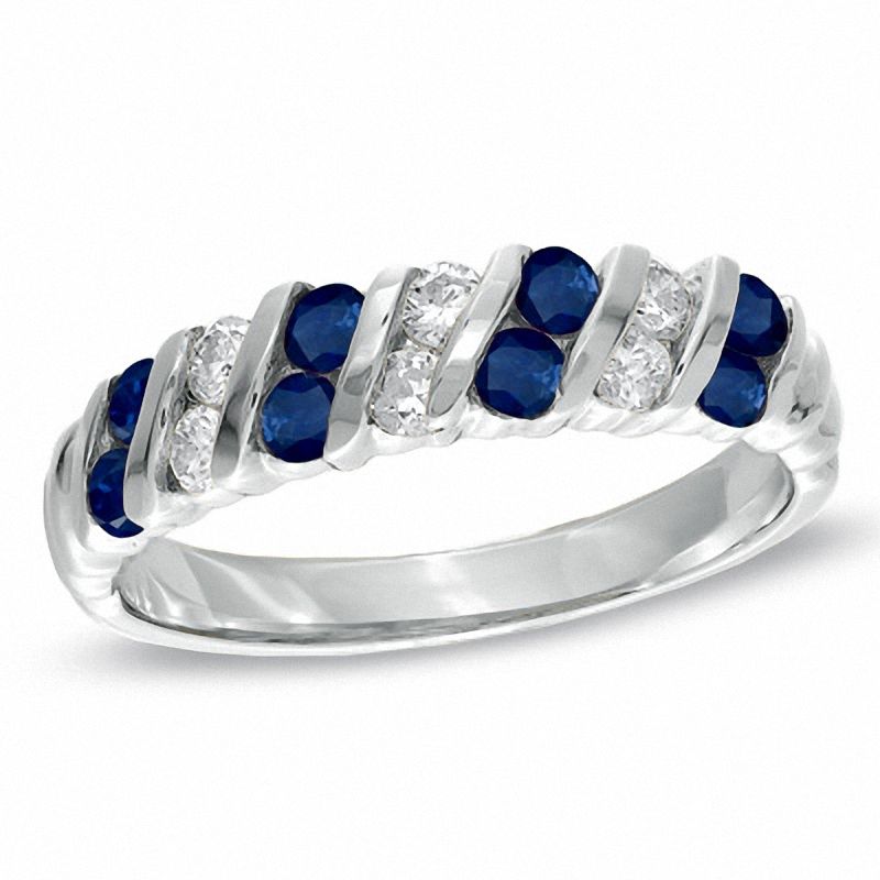 Blue Sapphire and 1/4 CT. T.W. Diamond Slant Band in 14K White Gold