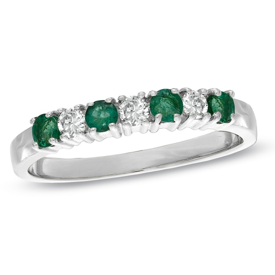Emerald and 1/7 CT. T.w. Diamond Seven Stone Band in 14K White Gold