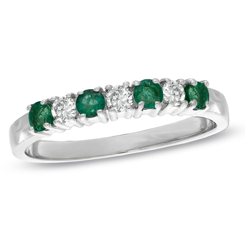 Emerald and 1/7 CT. T.W. Diamond Seven Stone Band in 14K White Gold