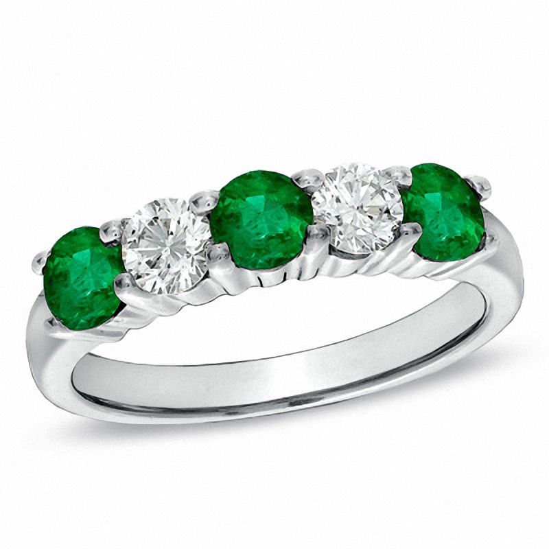 Emerald and 3/8 CT. T.W. Diamond Five Stone Band in 14K White Gold