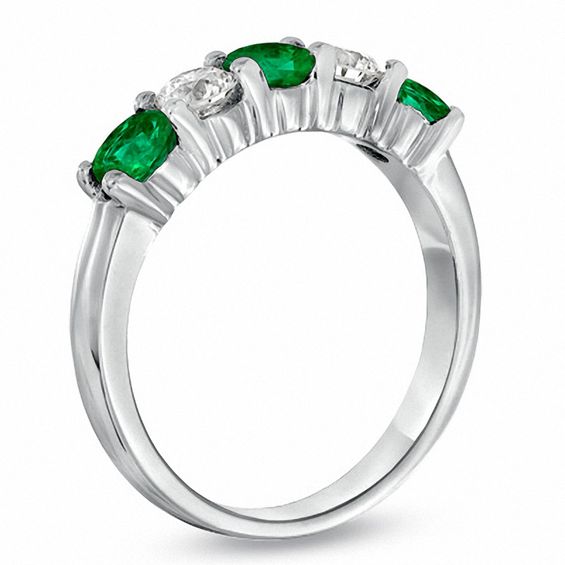 Emerald and 3/8 CT. T.w. Diamond Five Stone Band in 14K White Gold