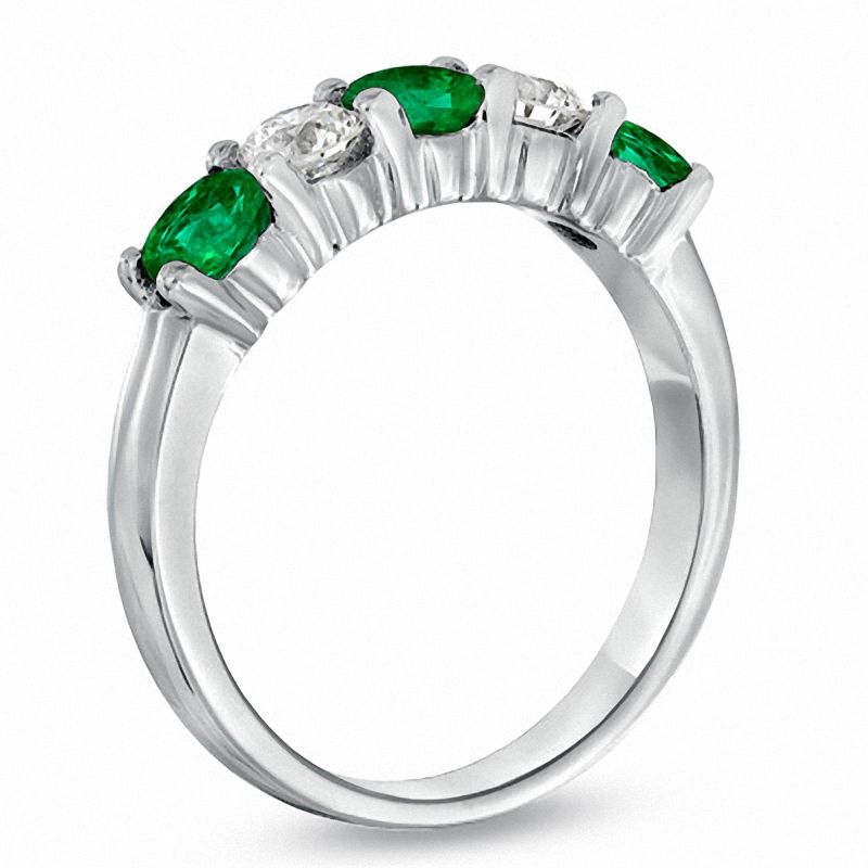 Emerald and 3/8 CT. T.W. Diamond Five Stone Band in 14K White Gold