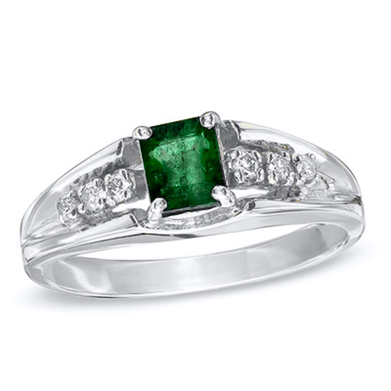 Emerald-Cut Emerald and Diamond Accent Engagement Ring in 14K White Gold