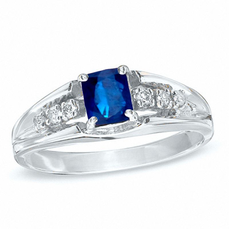 Emerald-Cut Blue Sapphire and Diamond Accent Engagement Ring in 14K White Gold