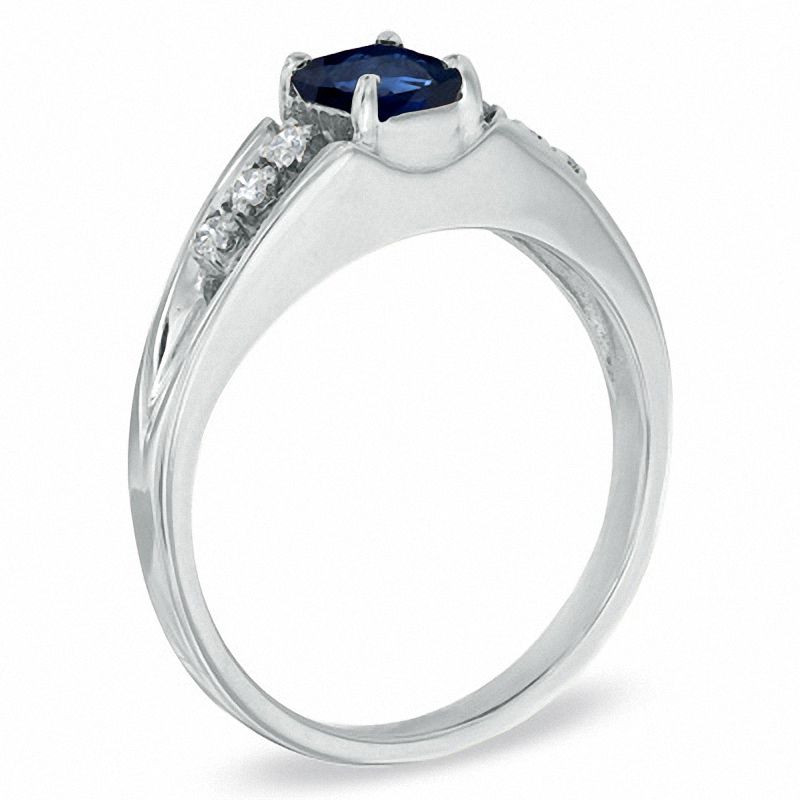 Main Image 2 of Emerald-Cut Blue Sapphire and Diamond Accent Engagement Ring in 14K White Gold