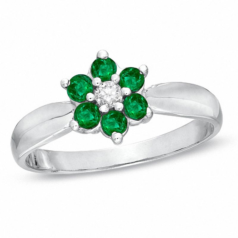 Emerald and Diamond Accent Flower Ring in 14K White Gold