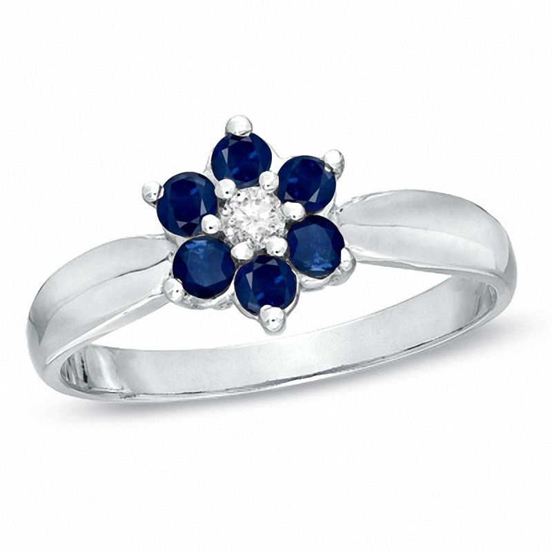 Blue Sapphire and Diamond Accent Flower Engagement Ring in 14K White Gold