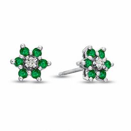 Emerald and Diamond Accent Flower Stud Earrings in 14K White Gold