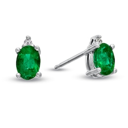 Oval Emerald and Diamond Accent Stud Earrings in 14K White Gold