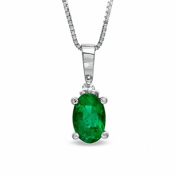 Oval Emerald and Diamond Accent Drop Pendant in 14K White Gold | Zales