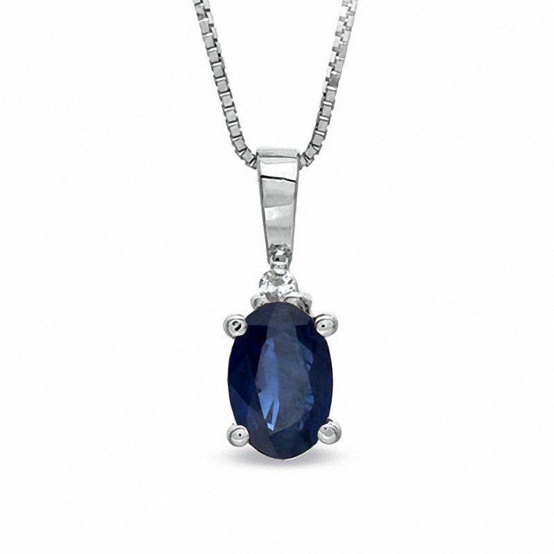 Main Image 1 of Oval Blue Sapphire and Diamond Accent Drop Pendant in 14K White Gold