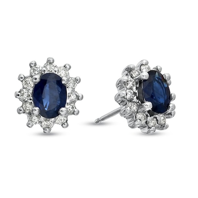 Simulated Blue & White Sapphire Oval Stud Earrings in 14k White Gold Over Sterling Silver 